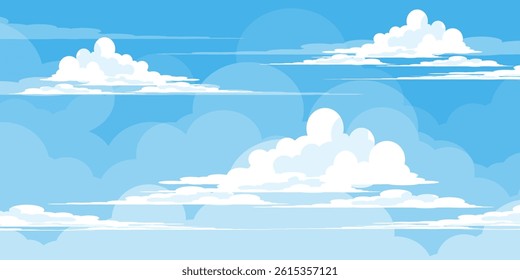Sky with Clouds illustration in flat style. Sky and clouds background. Cloudy vector cartoon illustration in blue color. Nature abstract wallpaper.