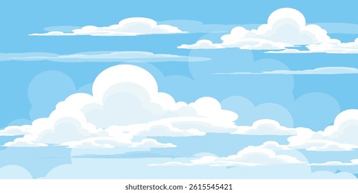 Sky with Clouds illustration in flat style. Sky and clouds background. Cloudy vector cartoon illustration in blue color. Nature abstract wallpaper.