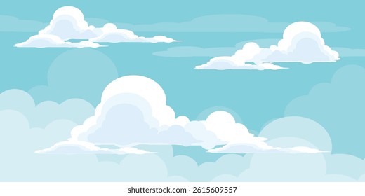 Sky with Clouds illustration in flat style. Sky and clouds background. Cloudy vector cartoon illustration in blue color. Nature abstract wallpaper.