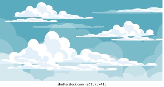 Sky with Clouds illustration in flat style. Sky and clouds background. Cloudy vector cartoon illustration in blue color. Nature abstract wallpaper.