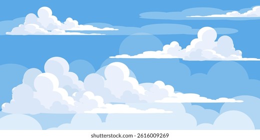 Sky with Clouds illustration in flat style. Sky and clouds background. Cloudy vector cartoon illustration in blue color. Nature abstract wallpaper.