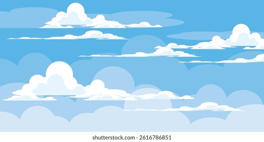 Sky with Clouds illustration in flat style. Sky and clouds background. Cloudy vector cartoon illustration in blue color. Nature abstract wallpaper.