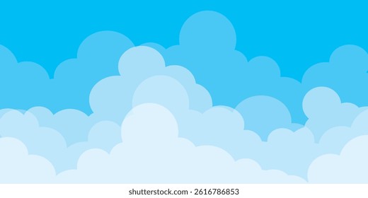 Sky with Clouds illustration in flat style. Sky and clouds background. Cloudy vector cartoon illustration in blue color. Nature abstract wallpaper.