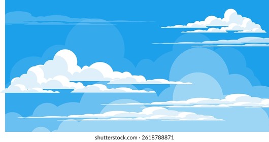 Sky with Clouds illustration in flat style. Sky and clouds background. Cloudy vector cartoon illustration in blue color. Nature abstract wallpaper.