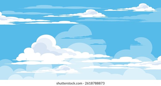 Sky with Clouds illustration in flat style. Sky and clouds background. Cloudy vector cartoon illustration in blue color. Nature abstract wallpaper.