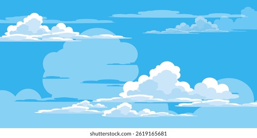 Sky with Clouds illustration in flat style. Sky and clouds background. Cloudy vector cartoon illustration in blue color. Nature abstract wallpaper.