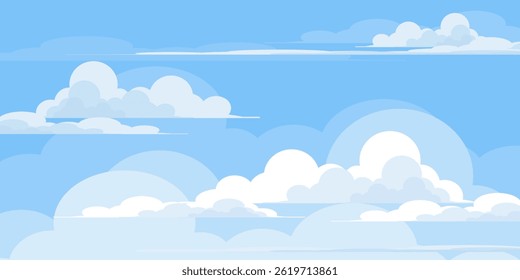 Sky with Clouds illustration in flat style. Sky and clouds background. Cloudy vector cartoon illustration in blue color. Nature abstract wallpaper.