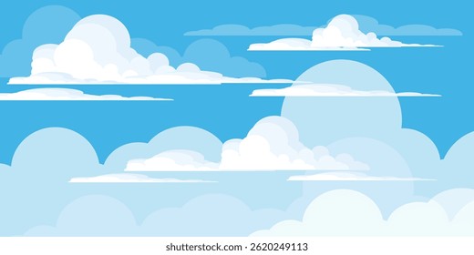 Sky with Clouds illustration in flat style. Sky and clouds background. Cloudy vector cartoon illustration in blue color. Nature abstract wallpaper.