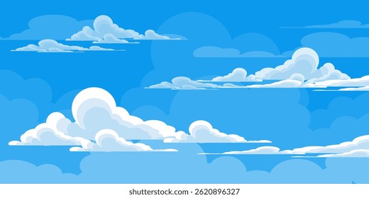 Sky with Clouds illustration in flat style. Sky and clouds background. Cloudy vector cartoon illustration in blue color. Nature abstract wallpaper.