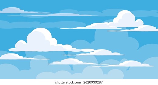 Sky with Clouds illustration in flat style. Sky and clouds background. Cloudy vector cartoon illustration in blue color. Nature abstract wallpaper.