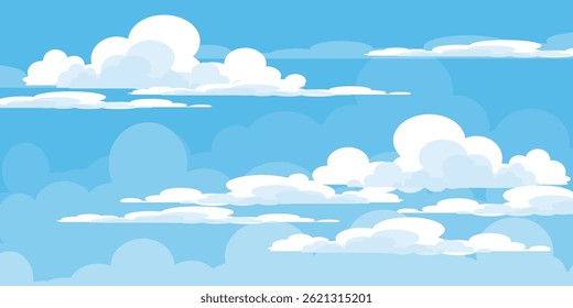Sky with Clouds illustration in flat style. Sky and clouds background. Cloudy vector cartoon illustration in blue color. Nature abstract wallpaper.