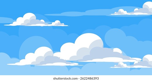 Cielo con la ilustración de las nubes en estilo plano. Cielo y fondo de nubes. Ilustración de dibujos animados de Vector nublado en color azul. Fondo de pantalla abstracto de Naturaleza.