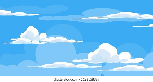 Cielo con la ilustración de las nubes en estilo plano. Cielo y fondo de nubes. Ilustración de dibujos animados de Vector nublado en color azul. Fondo de pantalla abstracto de Naturaleza.