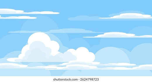 Ilustração de Céu com Nuvens em estilo plano. Fundo do céu e das nuvens. Ilustração de desenho animado de vetor nublado em cor azul. Natureza abstrata papel de parede.