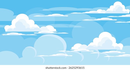 Sky with Clouds illustration in flat style. Sky and clouds background. Cloudy vector cartoon illustration in blue color. Nature abstract wallpaper.