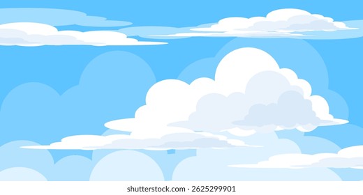 Sky with Clouds illustration in flat style. Sky and clouds background. Cloudy vector cartoon illustration in blue color. Nature abstract wallpaper.