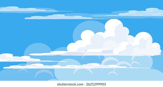 Sky with Clouds illustration in flat style. Sky and clouds background. Cloudy vector cartoon illustration in blue color. Nature abstract wallpaper.