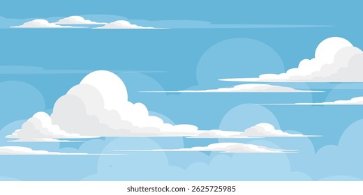 Sky with Clouds illustration in flat style. Sky and clouds background. Cloudy vector cartoon illustration in blue color. Nature abstract wallpaper.