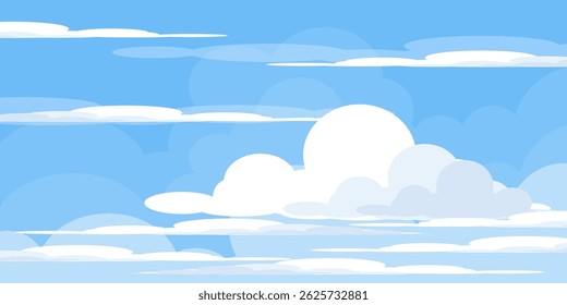 Sky with Clouds illustration in flat style. Sky and clouds background. Cloudy vector cartoon illustration in blue color. Nature abstract wallpaper.