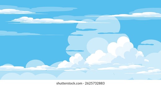 Sky with Clouds illustration in flat style. Sky and clouds background. Cloudy vector cartoon illustration in blue color. Nature abstract wallpaper.