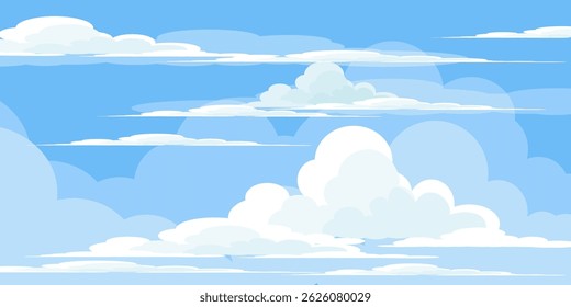Sky with Clouds illustration in flat style. Sky and clouds background. Cloudy vector cartoon illustration in blue color. Nature abstract wallpaper.