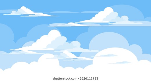 Sky with Clouds illustration in flat style. Sky and clouds background. Cloudy vector cartoon illustration in blue color. Nature abstract wallpaper.
