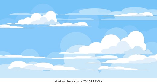 Sky with Clouds illustration in flat style. Sky and clouds background. Cloudy vector cartoon illustration in blue color. Nature abstract wallpaper.