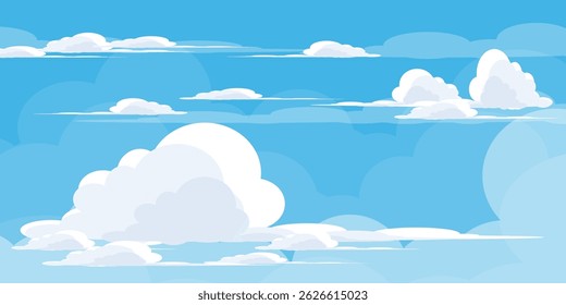 Sky with Clouds illustration in flat style. Sky and clouds background. Cloudy vector cartoon illustration in blue color. Nature abstract wallpaper.