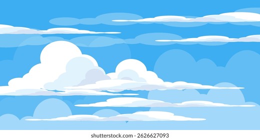 Sky with Clouds illustration in flat style. Sky and clouds background. Cloudy vector cartoon illustration in blue color. Nature abstract wallpaper.