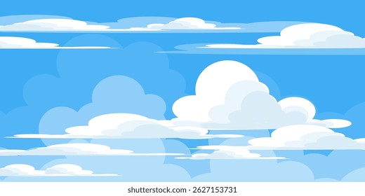 Sky with Clouds illustration in flat style. Sky and clouds background. Cloudy vector cartoon illustration in blue color. Nature abstract wallpaper.