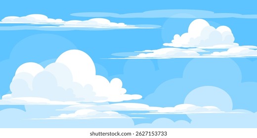 Sky with Clouds illustration in flat style. Sky and clouds background. Cloudy vector cartoon illustration in blue color. Nature abstract wallpaper.