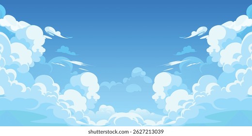 Cielo con la ilustración de las nubes en estilo plano. Cielo y fondo de nubes. Ilustración de dibujos animados de Vector nublado en color azul. 