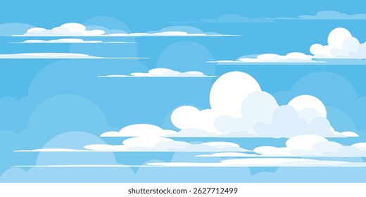 Sky with Clouds illustration in flat style. Sky and clouds background. Cloudy vector cartoon illustration in blue color. Nature abstract wallpaper.