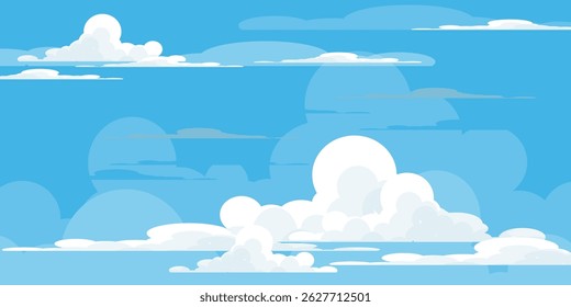 Sky with Clouds illustration in flat style. Sky and clouds background. Cloudy vector cartoon illustration in blue color. Nature abstract wallpaper.