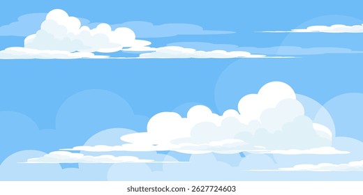 Sky with Clouds illustration in flat style. Sky and clouds background. Cloudy vector cartoon illustration in blue color. Nature abstract wallpaper.