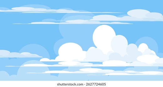 Sky with Clouds illustration in flat style. Sky and clouds background. Cloudy vector cartoon illustration in blue color. Nature abstract wallpaper.
