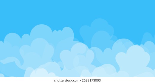 Sky with Clouds illustration in flat style. Sky and clouds background. Cloudy vector cartoon illustration in blue color. Nature abstract wallpaper.