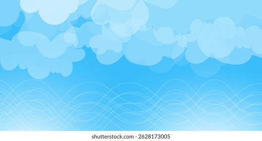 Sky with Clouds illustration in flat style. Sky and clouds background. Cloudy vector cartoon illustration in blue color. Nature abstract wallpaper.