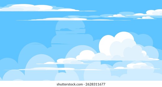 Sky with Clouds illustration in flat style. Sky and clouds background. Cloudy vector cartoon illustration in blue color. Nature abstract wallpaper.
