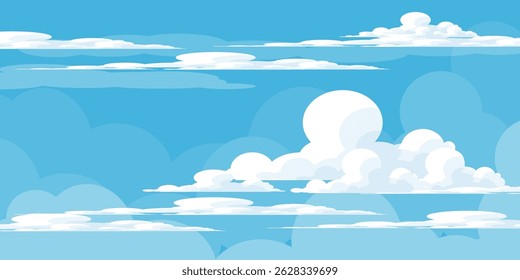 Sky with Clouds illustration in flat style. Sky and clouds background. Cloudy vector cartoon illustration in blue color. Nature abstract wallpaper.