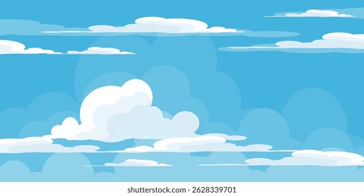 Sky with Clouds illustration in flat style. Sky and clouds background. Cloudy vector cartoon illustration in blue color. Nature abstract wallpaper.