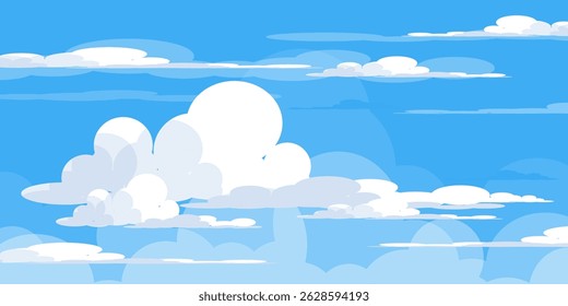 Sky with Clouds illustration in flat style. Sky and clouds background. Cloudy vector cartoon illustration in blue color. Nature abstract wallpaper.