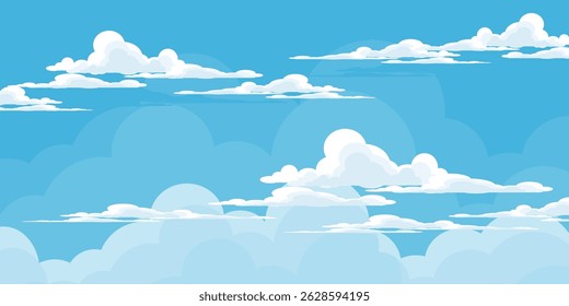Sky with Clouds illustration in flat style. Sky and clouds background. Cloudy vector cartoon illustration in blue color. Nature abstract wallpaper.