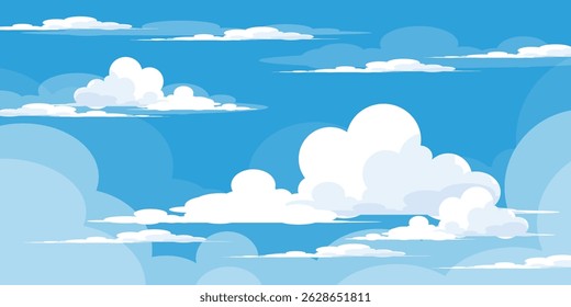 Ilustração de Céu com Nuvens em estilo plano. Fundo do céu e das nuvens. Ilustração de desenho animado de vetor nublado em cor azul. Natureza abstrata papel de parede.