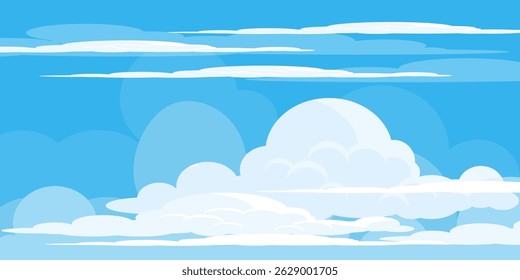 Sky with Clouds illustration in flat style. Sky and clouds background. Cloudy vector cartoon illustration in blue color. Nature abstract wallpaper.