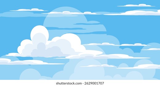 Sky with Clouds illustration in flat style. Sky and clouds background. Cloudy vector cartoon illustration in blue color. Nature abstract wallpaper.