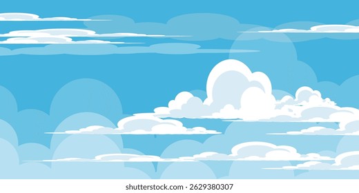 Sky with Clouds illustration in flat style. Sky and clouds background. Cloudy vector cartoon illustration in blue color. Nature abstract wallpaper.