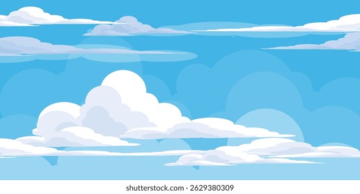 Sky with Clouds illustration in flat style. Sky and clouds background. Cloudy vector cartoon illustration in blue color. Nature abstract wallpaper.