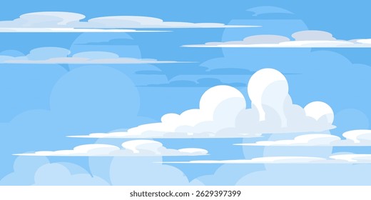 Sky with Clouds illustration in flat style. Sky and clouds background. Cloudy vector cartoon illustration in blue color. Nature abstract wallpaper.