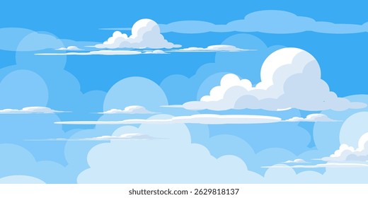 Sky with Clouds illustration in flat style. Sky and clouds background. Cloudy vector cartoon illustration in blue color. Nature abstract wallpaper.